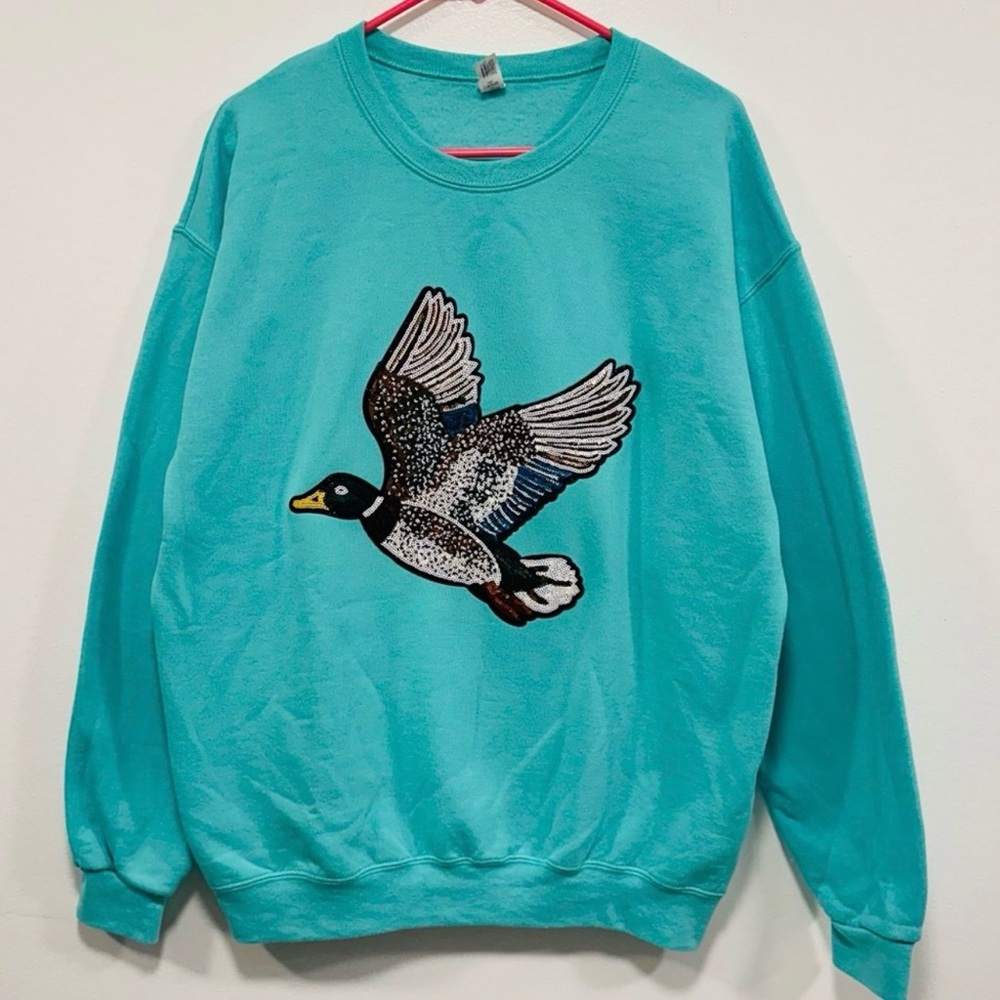 Duck hunting Teal Sweatshirt with sequin glitter mallard Duck Design! Size large